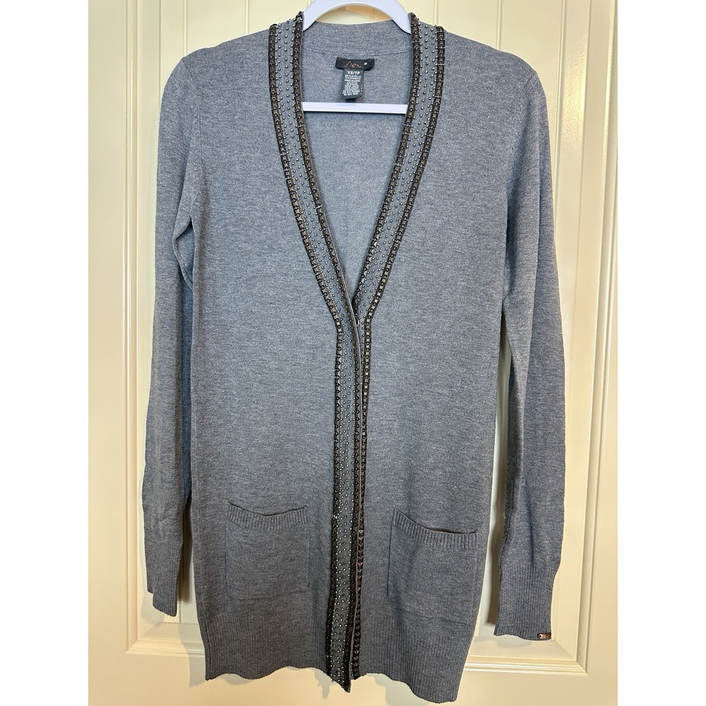 Dex Y2k Boho Cardigan Sweater Gray Long Sleeve long beaded lightweight sz XS
